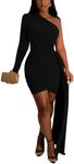 HugeNice Women's Sexy Sparkly Midi Dresses Elegant Bodycon Long Sleeve Wrap Cocktail Club Evening Party Mini Dress, 937black, M