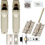 Door Knob & Latch Pack - Satin Nickel - Art Deco Premium Lever Slim Backplate | Complete Matching Set for 1x Interior Door - Handle, Hinges & Tubular Latch Strike Plate | Screws & Fixings Included