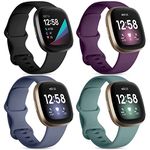 DaQin 4 Pack Bands Compatible with Fitbit Sense Bands/Fitbit Versa 3/Versa 4 Bands, Durable Sport Replacement Strap for Fitbit Sense Band/Versa 3 Band Women Men, Black/Plum/Blue Gray/Pine Green, Small