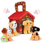 Plush Creations Dog House Carrier with 4 Soft and Cuddly, Talking and Barking, Stuffed Dogs. Excellent Interactive and Educational Toy Set