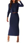 PRETTYGARDEN Women's Winter 2 Piece Sweater Set Ribbed Knit Long Sleeve Crop Tops and Maxi Bodycon Skirt Casual Outfits (Dark Blue,Small)