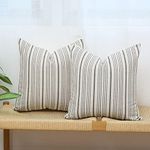 Kiuree Grey and Cream Farmhouse Throw Pillow Covers 18 x 18, Modern Accent Square Decorative Pillow Case, Set of 2 Stripes Textured Linen Throw Pillow Case for Sofa Couch Chair Bedroom(Grey)