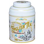 New English Teas Vintage Victorian Ivory Tea Tin with 240 English Breakfast Teabags, Large Round Caddy, White