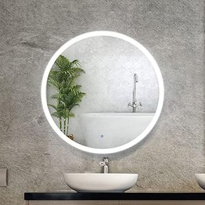 Embellir Wall Mirror with LED Light, 90cm Metal Frame Vanity Makeup Shower Bathroom Make Up Mirrors Wall-Mounted Decorative Hanging Room Decor for Home Bedroom, Round Shaped Modern Circle White