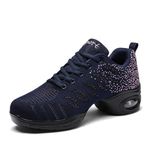 SECHRITE Womens Jazz Sneakers Navy Modern Dance Sneakers for Women Line Dance Hip Hop Shoes Jazz Dancing Shoes Lace Up Cushion Breathable Ladies Split Sole Zumba Shoes Navy Leaves 41