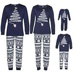 SINBRLAI Matching Christmas Pajamas for Family Christmas Tree Print Xmas Sleepwear Holiday Long Sleeve Pjs Set Navy