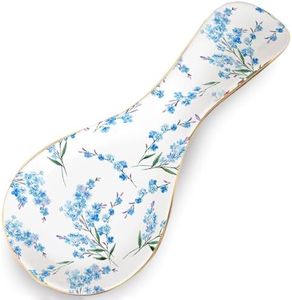 LEAZUL Ceramic Spoon Rest for Stove Top Large Spoon Holder Farmhouse Spoon Holder for Kitchen Counter Floral Coffee Spoon Rest Flowers Print Cooking Utensil Tools Rest Kitchen Decor Blue Blossom