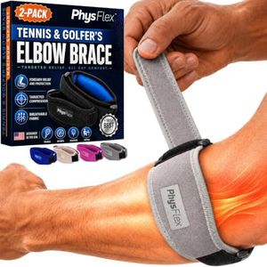 PhysFlex Elbow Brace 2-Pack for Men & Women, Adjustable Tennis & Golfer's Elbow Support Strap for Tendonitis Pain Relief - Compression Pad for Arm, Forearm, Tendon Pain Relief (Gray)