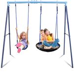 2 Seat Swing Set for Backyard, Heavy Duty Metal A-Frame Swing Holds 440 lbs,1 Adjustable Saucer Swing Seat, and 1 u-Shape Seat Swing, Outdoor Playground Suitable for Kids Aged 3-8 Years