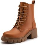 Athlefit Women's Lug Sole Combat Boots Fashion Lace up Side Zipper Ankle Boots, Tan, 7.5