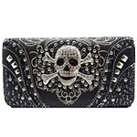 WESTERN ORIGIN Sugar Skull Day of the Dead Cross Bone Studs Punk Gothic Art Rivet Studded Women Wristlet Trifold Wallet, #2 Black, Sugar Skull Day of the Dead Crossbone Studs Punk Gothic Studded Women