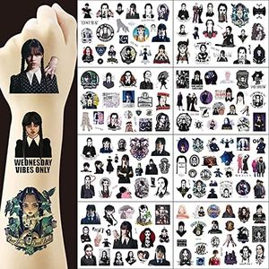 Wednesday New Addams Temporary Tattoos for Kids(8 sheets) Cute Fake Tattoos Stickers for Birthday Party Supplies Favors