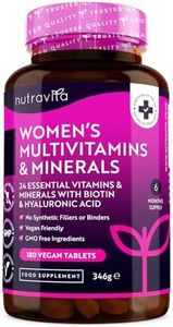 Women's Multivitamins and Minerals - 24 Essential Active Vitamins and Minerals with Added Hyaluronic Acid - 180 Vegan Tablets - No Synthetic Fillers or Binders - Made in The UK by Nutravita