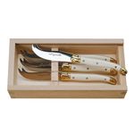 Jean Dubost Laguiole 4-Piece Cheese Knives Set in Slide-Top Box, Ivory Handles - Rust-Resistant Stainless Steel - Made in France