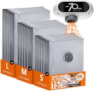 Travel Vacuum Bags with Pump, 15 Pack Vacuum Storage Bags with Powerful -70KPa Suction, for Maximum Compression in Luggage, Suitcase, Travel and Home Use for Clothes and Blankets, White