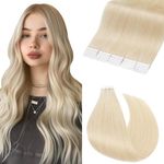 Elailite Tape in Extensions Human Hair 20 pcs - Seamless Invisible Skin Weft 100% Remy Hair Straight (#60 Platinum Blonde, 14 Inch)