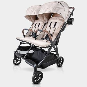 Strolee Lightweight Double Side by Side Stroller for Travel - 22 Lbs, 9.5" Compact Fold, Twin Nap Ready Seating, No Rethread Harness, Magnetic Buckle & Ultra Plush Seat 60Lb Per Seat- (v2 Fawn)