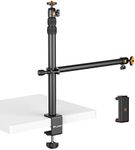 jusmo Camera Desk Mount with Auxiliary Holding Arm, Overhead Camera Mount with 360° Ballhead and Phone Grip, Table C-Clamp Multi Mount Stand for DSLR, Phone, Light, Webcam and More