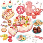 Elovien Birthday Cake Toy, 82 Pcs Pretend Toys Role Play Cutting Food Sets for Children, Tea Set for Girls Educational Learning Kitchen Playset for Kids 3+ Years Old