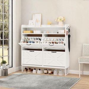 YITAHOME Farmhouse Shoe Storage Cabinet for 24 Pairs with 4 Flip Drawers, Freestanding Shoe Organizer for Entryway, Narrow Slim Shoe Rack Cabinet for Living Room, Hallway (White)