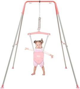 FUNLIO Baby Jumper with Stand for 6-24 Months, Infant Jumper for Indoor/Outdoor Play, Toddler Jumper for Baby Girl/Boy, with Adjustable Chain, Easy to Assemble & Store (with Stand) - Pink