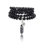 Jovivi 8mm Black Obsidian Crystal Stone 108 Mala Beads Bracelet with Hexagonal Prism Lotus Charm Healing Gemstone Yoga Meditation Mala Prayer Bead Necklace