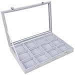 Belle Vous Grey Velvet Jewellery Organiser Display Case Storage Box with 12 Sections & Glass Lid Stackable Tray for Drawer - Adjustable Storage Grids for Rings, Necklaces, Bracelets, Earrings, Watches