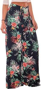 ECOWISH Wide Leg Pants for Women Summer 2024 Palazzo Tropical Floral Belted Casual Lightweight High Waist Flared Trousers with Pockets Navy Blue Medium