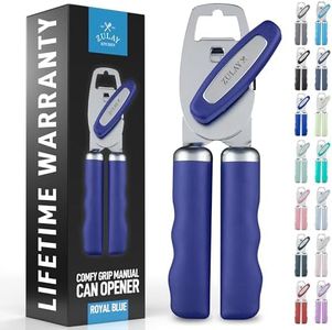 Zulay Kitchen Heavy Duty Stainless Steel Can Opener Manual with Bottle Opener - Rust Proof Manual Can Opener With Turn Knob & Comfy Soft Grip Handles - Royal Blue