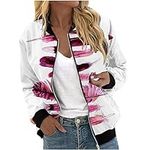 Women's Lightweight Bomber Jacket Casual Long Sleeve Fall Coat Zip Up Outerwear Vintage Flower Print Crop Windbreaker, A08_hot Pink, Medium