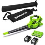 Greenworks 48V(2x24V) Cordless Leaf Blower and Vacuum with 45L Mulching Bag & Shoulder Strap, 322km/h ,9m³/min, Two 24V 4Ah Batteries & double Charger, 3 Year Guarantee GD24X2BVK4X