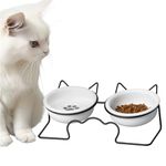 Navaris Raised Cat Food Bowls with Stand - Cute Elevated Cat Feeder - Feeding Bowl for Cats - Includes Two Dishwasher Safe Ceramic Bowls and Decorative Frame