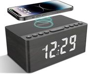 ANJANK Radio Alarm Clock Digital with Wireless Charging, 10 W Fast Wireless Charger for iPhone/Android Phone, USB Charger and Dimmable LED Display, Mains Operated, Battery Backup, Speaker, Wood (Grey)