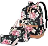 Flowers Backpack Kids School Bag 3-in-1 Bookbag Set, Junlion Rose Laptop Backpack Lunch Bag Pencil Case for Teen Girls Womens Black