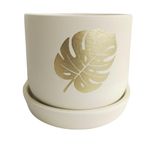 tinyshrub 5 Inch Leafy Print Ivory Barrel Shape Pot for Plants, Indoor Plant Pots with Drainage Holes Terra Cotta Flower Pot Sturdy, Lightweight & Durable for Home, Kitchen, Balcony & Office