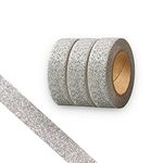 Glitter Washi Tape,3 Rolls 15mm Decorative Tape, Craft Self Adhesive Stick On Sticky Glitter Trim Gold ，Supplies for DIY, Bullet Journal, Craft, Gift Wrapping, Scrapbooking (Laser silver)