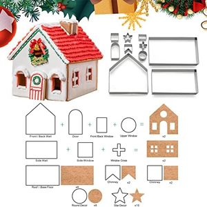 3D Cookie Cutter House Set Christmas,10 Pcs Gingerbread House Cookie Mold for Winter Holiday Thanksgiving Festival,Stainless Steel Cake Biscuit DIY Kit Baking Pastry Tool with Gift Box Packaging