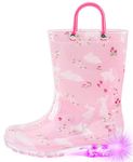 HugRain Girls Kids Wellies Wellingtons Boots Baby Child Light Up Rain Boots Toddler Waterproof Shoes Lightweight Pink Rabbit Cute Design with Easy On Handles and Insole (Size 1,Pink)