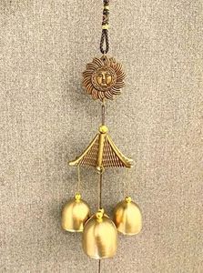 Ws Wind Chime for Home Positive Vibes | 3 Brass Bells Hanging Random Logo Will Be Sent Decor Items, Yellow Gold