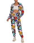 UOUA Women's Color Block 2 Piece 80s 90s Outfits Long Sleeve Windbreaker Jacket Tracksuit Set, Colorful Block, Large