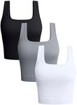 OQQ Women's 3 Piece Tank Tops Ribbed Seamless Workout Exercise Shirts Yoga Crop Tops, Black Grey White, Small