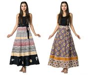 SHEENAZ Cotton Women's Jaipuri Printed Long Wrap Around Skirt Combo of 2 (Free Size Upto 44-XXL) Multicolour