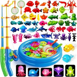 CozyBomB™ Magnetic Fishing Toys Game Set for Kids | Water Table Bathtub Kiddie Pool Party Pole Rod Net, Outdoor Plastic Floating Fish, Toddler Bath Color Ocean Sea Animals Easter Gift Age 3-5 6 4-8