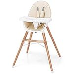 COSTWAY High Chair for Babies and Toddlers, Wooden Baby Highchair with 5-Point Safety Harness, Removable Double Tray and PU Seat Cushion, Infant Feeding Chair for 6-36 Months (Beige)