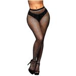 Jusback Rhinestone Fishnet Stockings Sparkle High Waist Tights Pantyhose, Black-1 Pair, One Size