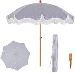 PHI VILLA 7ft Patio Umbrellas with Fringe, Outdoor Tilt Beach Umbrella Portable for Sand, UPF 50+ Canopy with 8 High Wind Proof Fiberglass Ribs and Carry Bag,Strip Blue&White