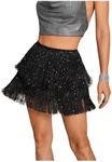 SHENHE Women's Sparkly Sequin Fringe Shorts Layered Swing Mini Skirt Skort Dance Clubwear Black X-Large