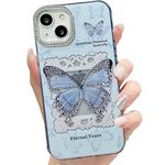 mobistyle Thermoplastic Polyurethane Designed For iPhone 14 Cover|Glitter Diamand Butterfly Design Phone Back Cover Case For Teen Girl Women (Wind Blue)