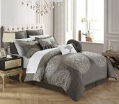 Chic Home 9 Piece Orchard Place Faux Silk Luxury Large Medalion Jacquard with embroidery details and trims King Comforter Set Grey