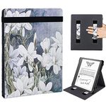 WALNEW Flip Case for 10.2-inch Kindle Scribe 2022 Released, Two Hand Straps and Vertical Multi-Viewing Stand Cover with Auto Wake/Sleep for 10.2” Amazon Kindle Scribe E-Reader (White Flowers)